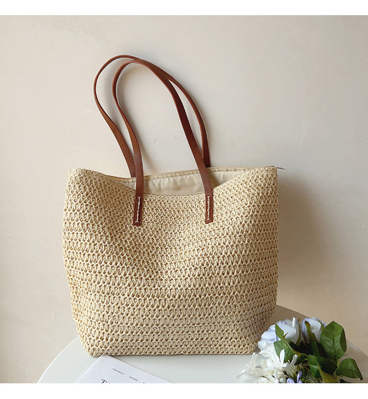 Kalsten | Rattan Woven Bag with Leather Straps - SummerBreeze Tote