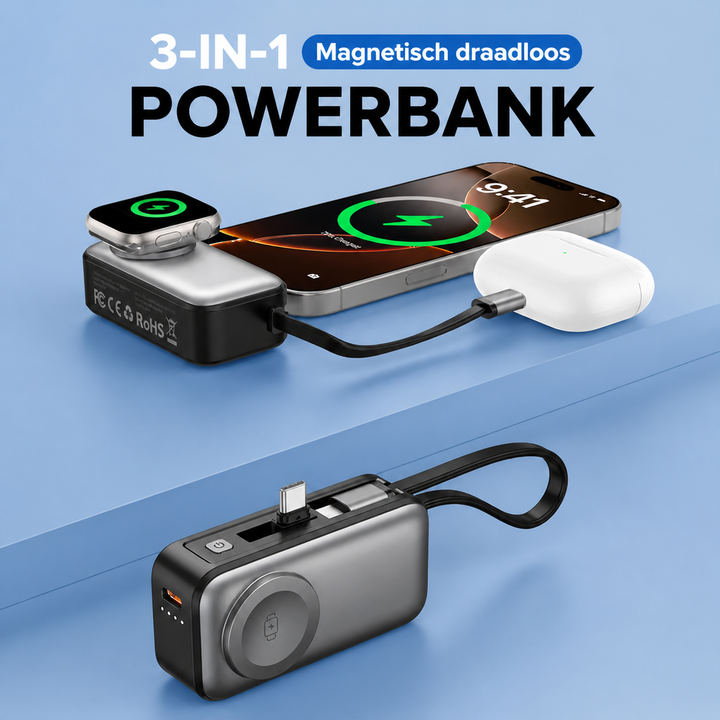 Magnetic 3-in-1 Powerbank with wireless charging | Kalsten
