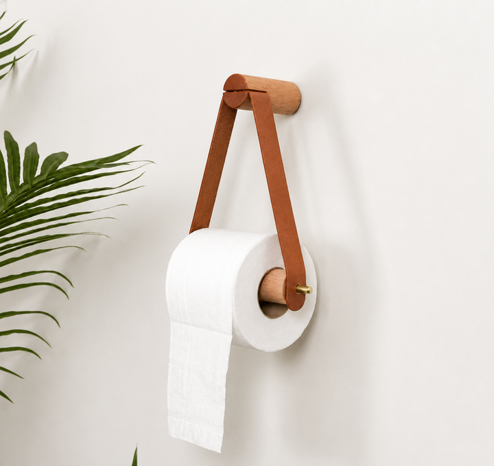 Kalsten | High-Quality Toilet Paper Holder | Oak & Faux Leather | Minimalist Bathroom Design