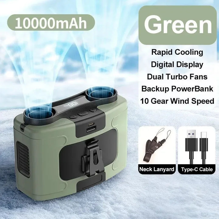 10000mAh Portable Outdoor Waist Fan – Hanging Neck & Strong Wind with Power Bank & LED Lighting | Kalsten