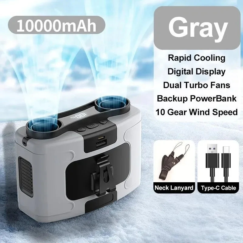 10000mAh Portable Outdoor Waist Fan – Hanging Neck & Strong Wind with Power Bank & LED Lighting | Kalsten