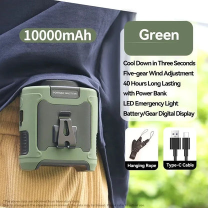 10000mAh Portable Outdoor Waist Fan – Hanging Neck & Strong Wind with Power Bank & LED Lighting | Bowlift