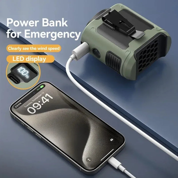10000mAh Portable Outdoor Waist Fan – Hanging Neck & Strong Wind with Power Bank & LED Lighting | Kalsten