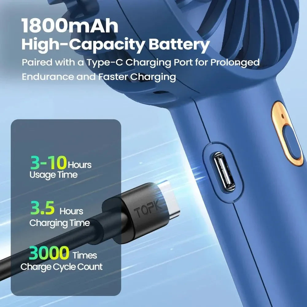 1800mAh Rechargeable Mini Portable Fan - USB Personal Handheld Electric Fan with 3 Speeds for Room, Camping, and Indoor Use | Kalsten
