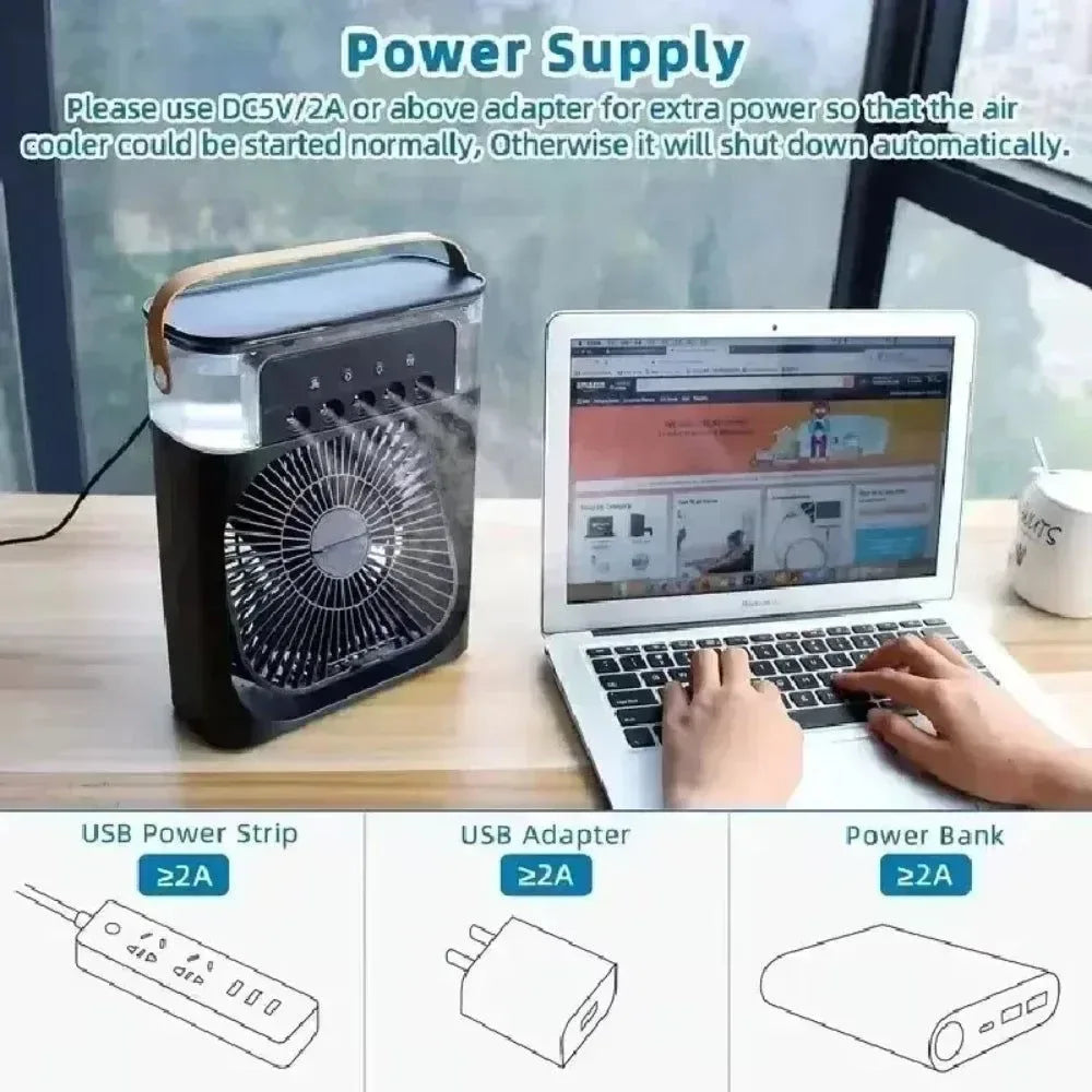 3-in-1 Portable Air Cooler with LED Lights – USB-Powered Desktop Fan, Humidifier & Night Light | Kalsten