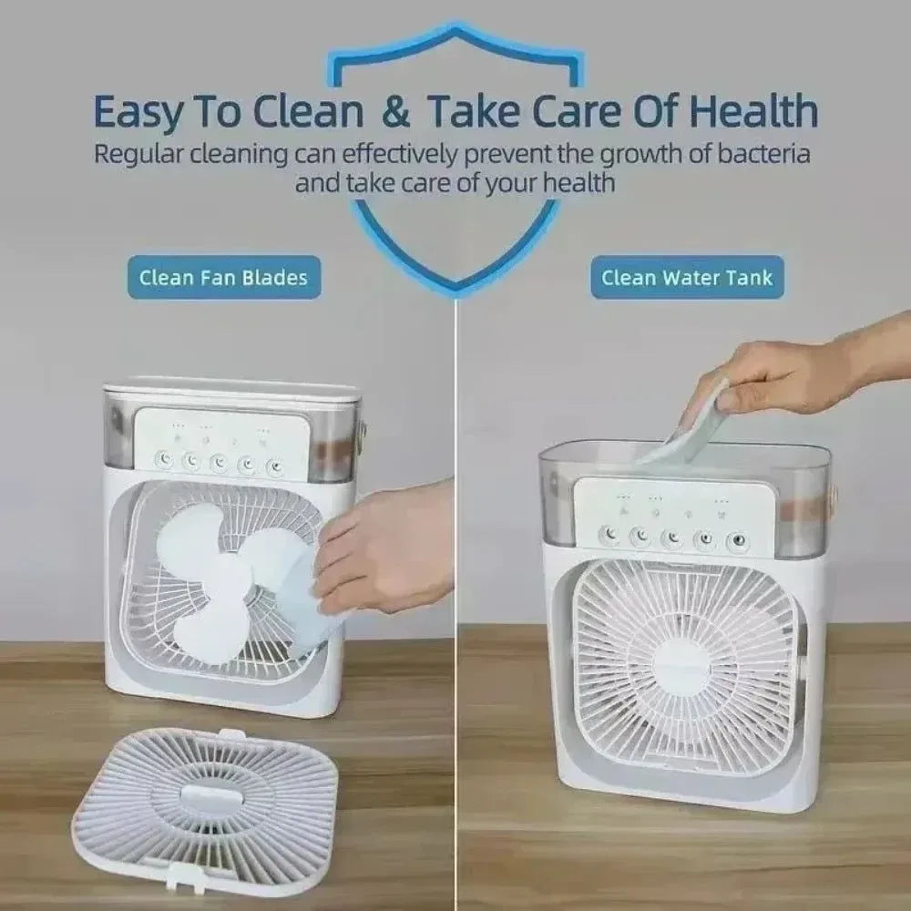 3-in-1 Portable Air Cooler with LED Lights – USB-Powered Desktop Fan, Humidifier & Night Light | Kalsten