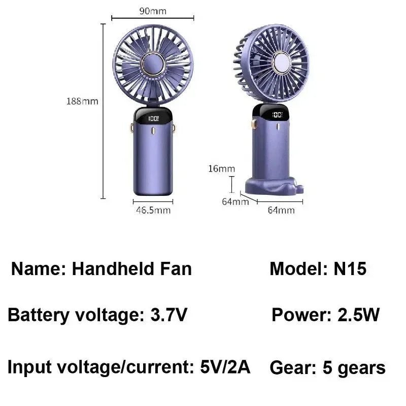 Handheld Mini Fan – 3000mAh Foldable USB Rechargeable Fan with LED Display & Phone Stand | Kalsten