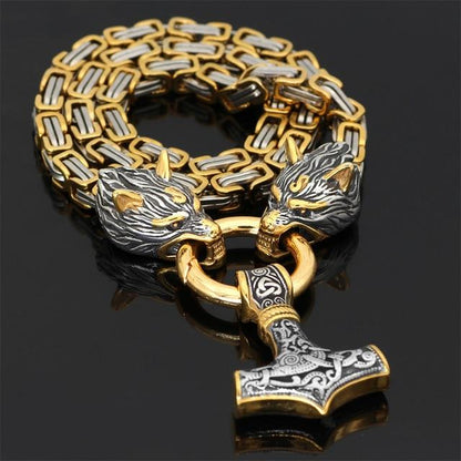 BowLift | 60–90 cm Stainless Steel Double Wolf Head & Mjolnir Survival Spirit Necklace/Bracelet
