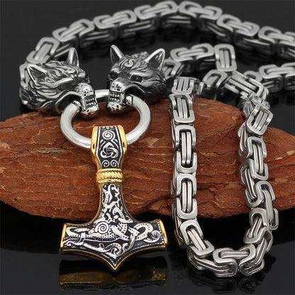 60–90 cm Stainless Steel Double Wolf Head & Mjolnir Survival Spirit Necklace/Bracelet