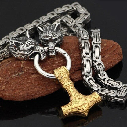 BowLift | 60–90 cm Stainless Steel Double Wolf Head & Mjolnir Survival Spirit Necklace/Bracelet