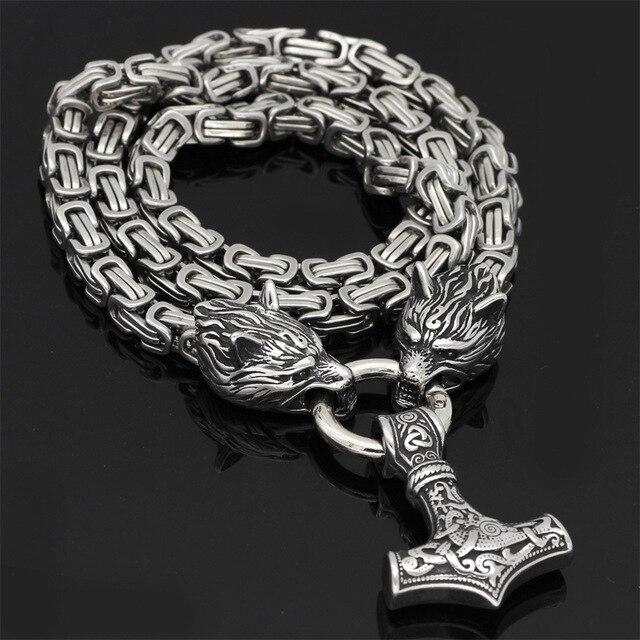 Skanto | 60–90 cm Stainless Steel Double Wolf Head & Mjolnir Survival Segment Necklace/Bracelet