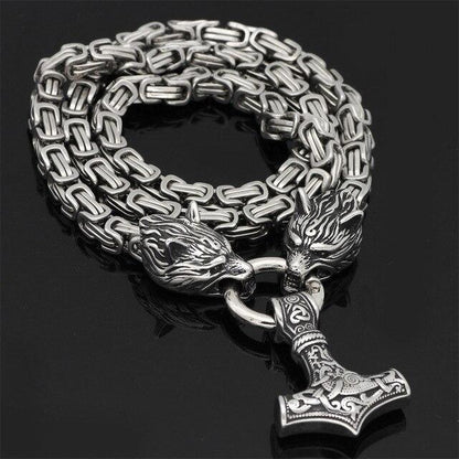 Skanto | 60–90 cm Stainless Steel Double Wolf Head & Mjolnir Survival Segment Necklace/Bracelet
