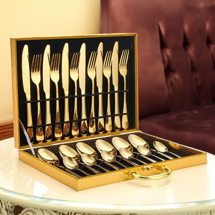 Opulent Gold Cutlery Set - The elegant 24-piece gold and silver cutlery set Kalsten