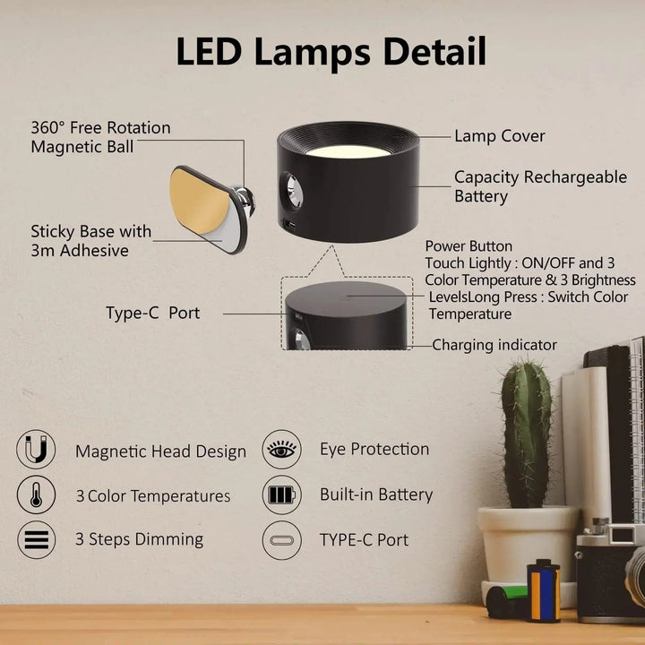 Rechargeable Battery Wall Lamp – 360° Adjustable
