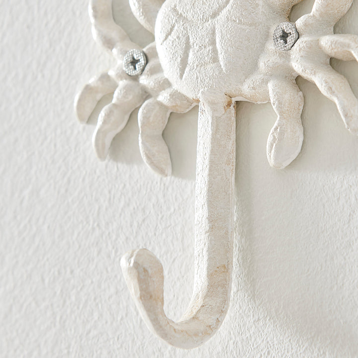 Kalsten | White Cast Iron Nautical Ocean Figure Sculpture Decorative Utility Wall Hook Set of 3 - Shell, Crab, Seahorse