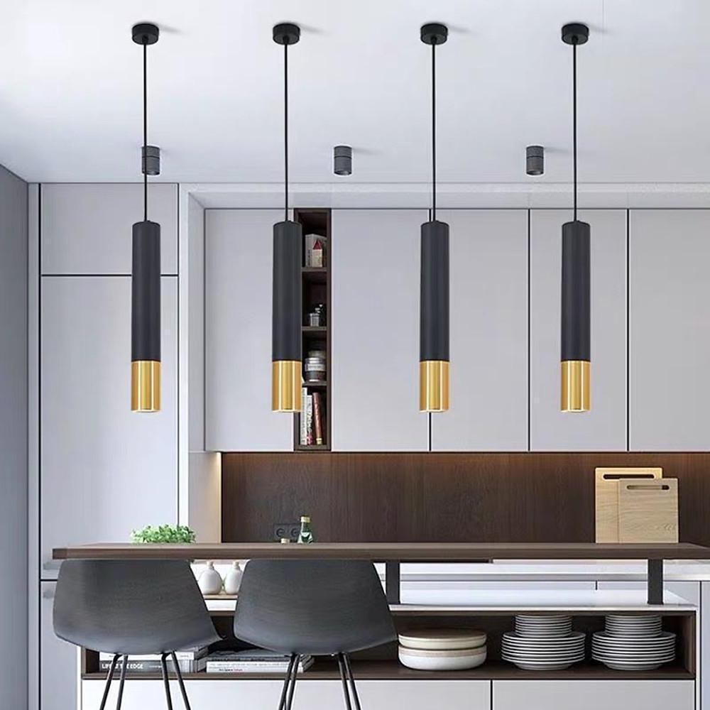 Elongated Cylinder Black and Gold Metal Shade LED Modern Pendant Light Island Hanging Lights | Kalsten